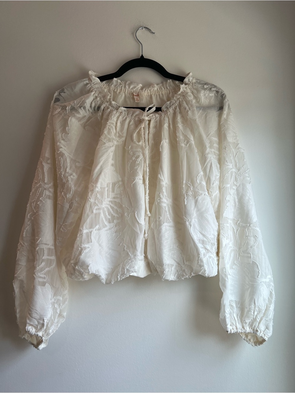 Cream Embroidered Peasant Top with Tie Neck
